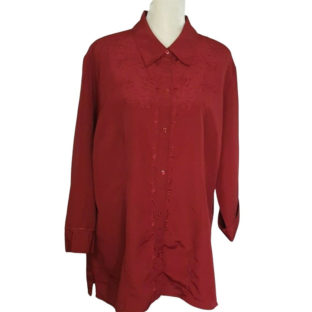 Anthony Richards Blouse Women's Size 18 Embroidered Maroon Long Cuffed Sleeve